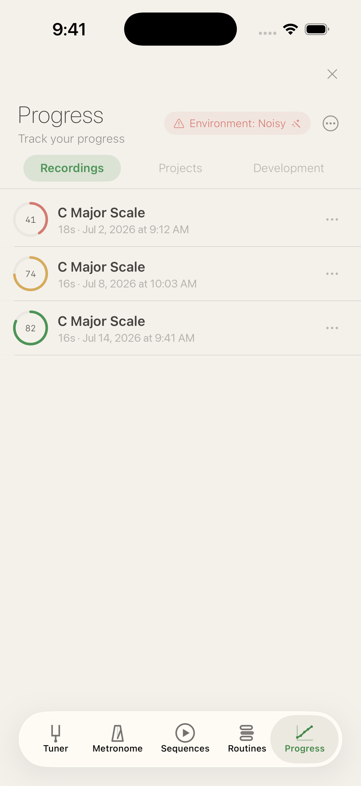 Recordings list: three takes of a C major scale scored 41, 74 and 82