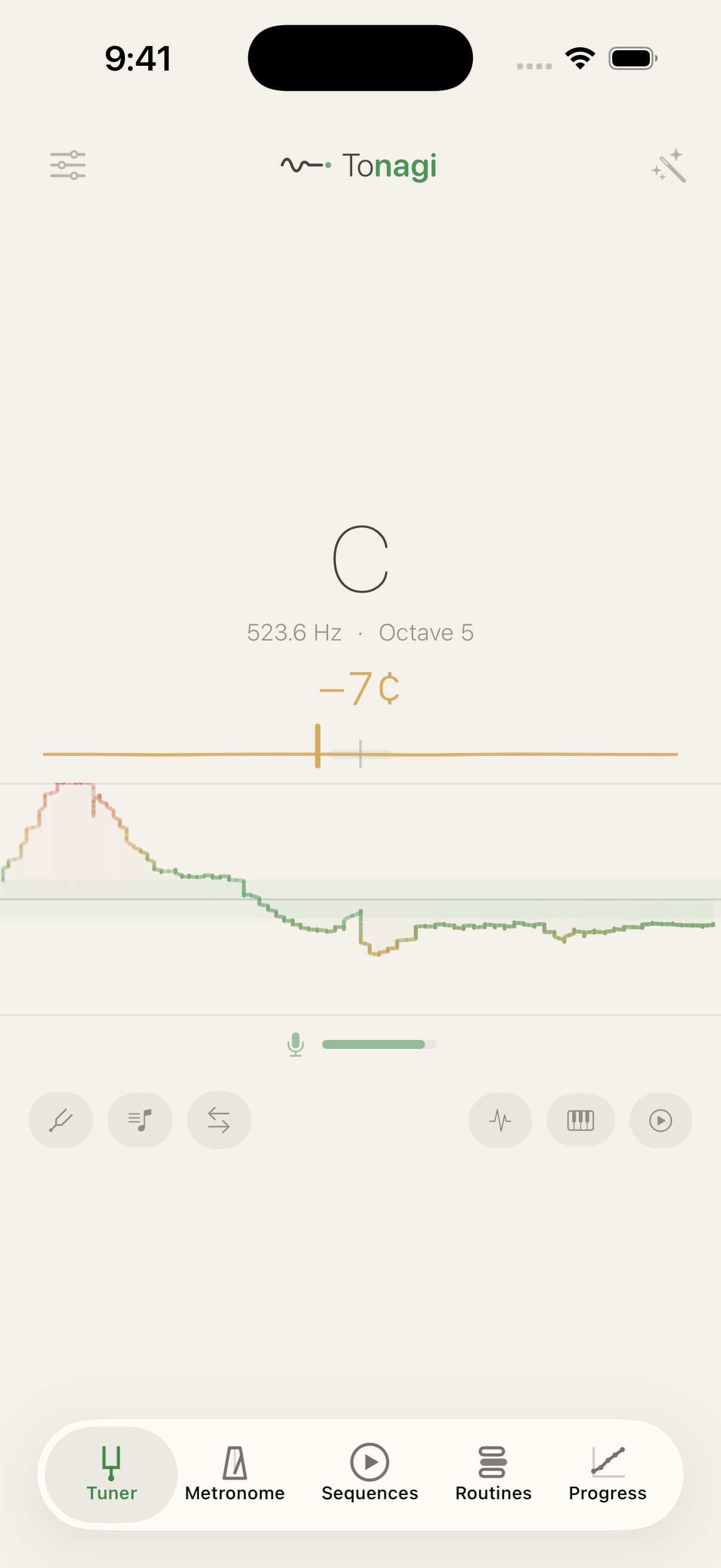 Tuner screen: C held on the meter, hertz breathing with the pitch, silk-thread history evolving below